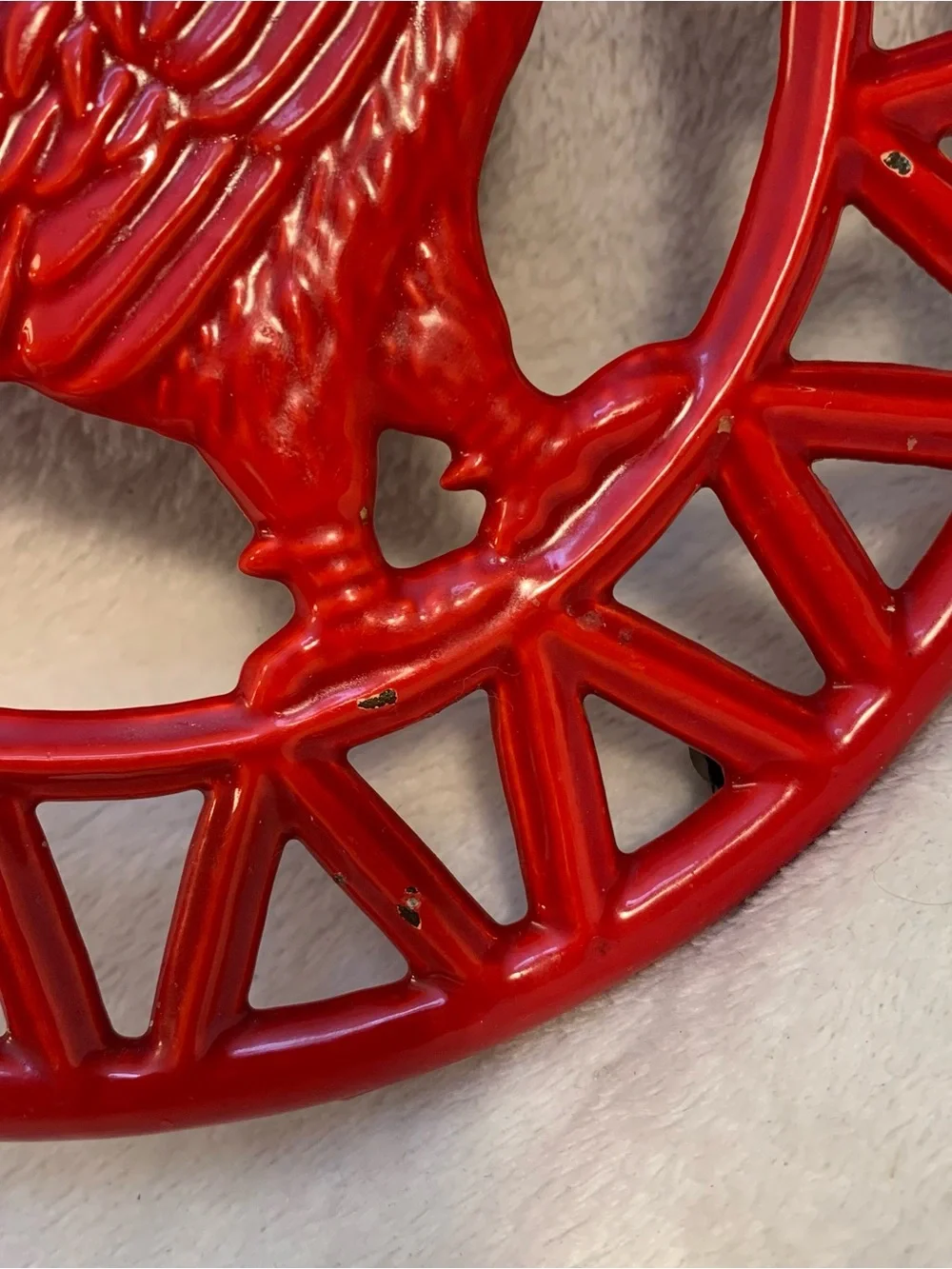 Enameled Cast Iron Red Rustic Rooster Trivet with Feet Farmhouse Decor